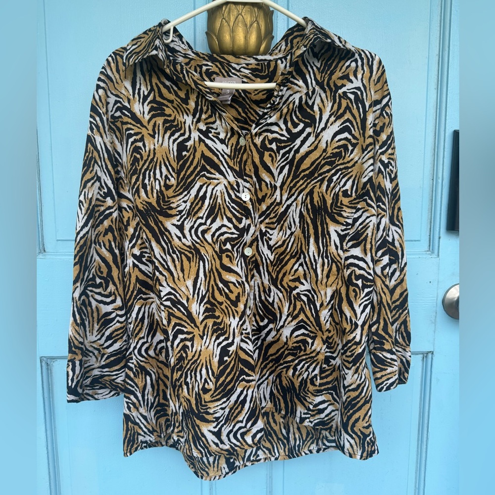 Chico's Women’s Shirt Cotton Animal Print Button-Down size 3